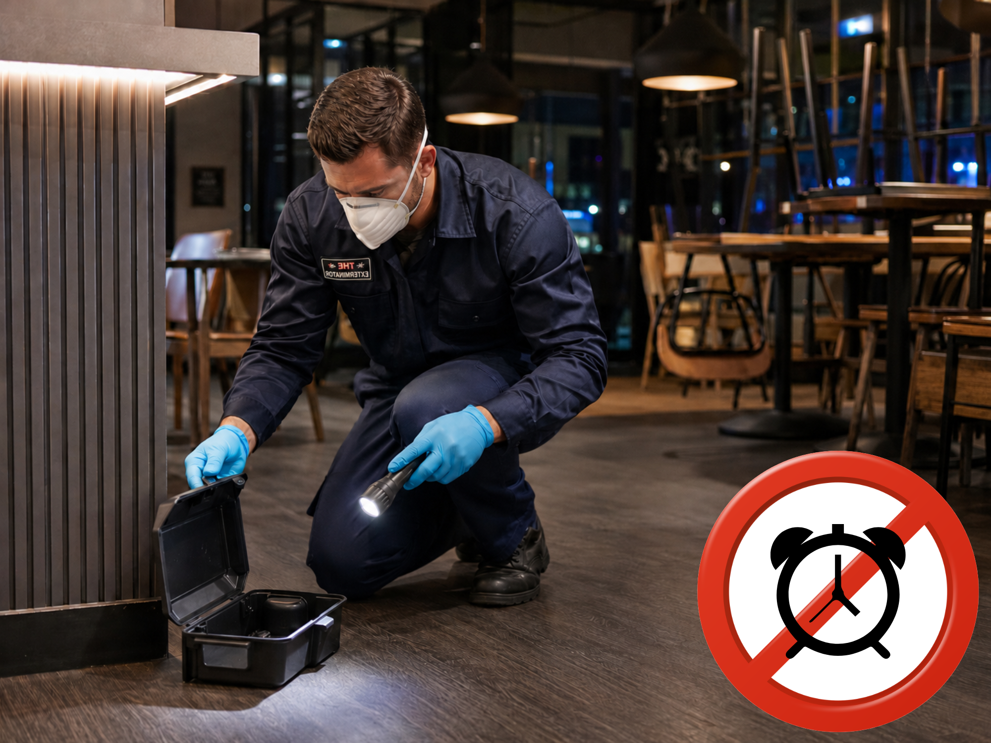 Pest-control technician working after normal business hours